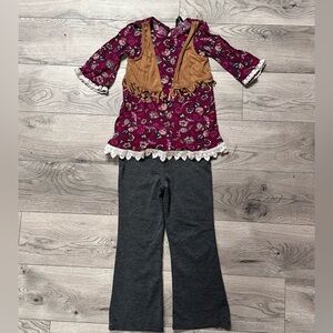 Floral Top with Fringe Vest and Gray Slacks Set